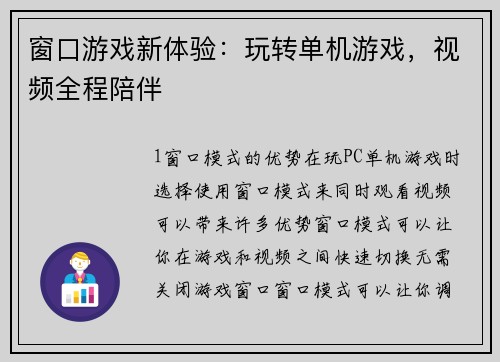 窗口游戏新体验：玩转单机游戏，视频全程陪伴